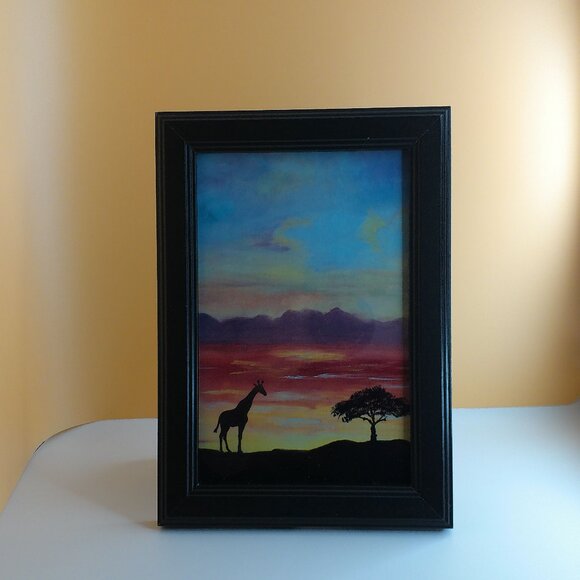 Sun Set Giraffe 4"x6" within a new black wood Frame, Africa, trees, natural - Picture 2 of 6
